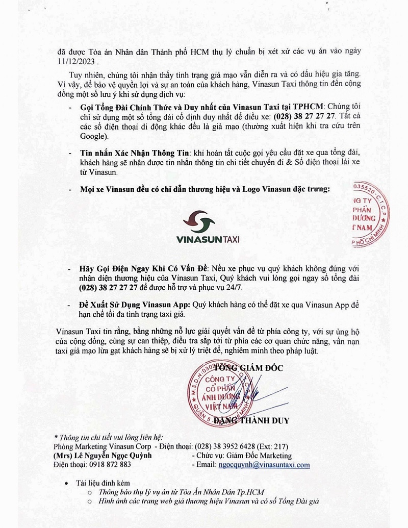 Thông cáo báo chí - Cảnh báo về vấn nạn giả mạo TAXI VINASUN và lừa dạt khách hàng