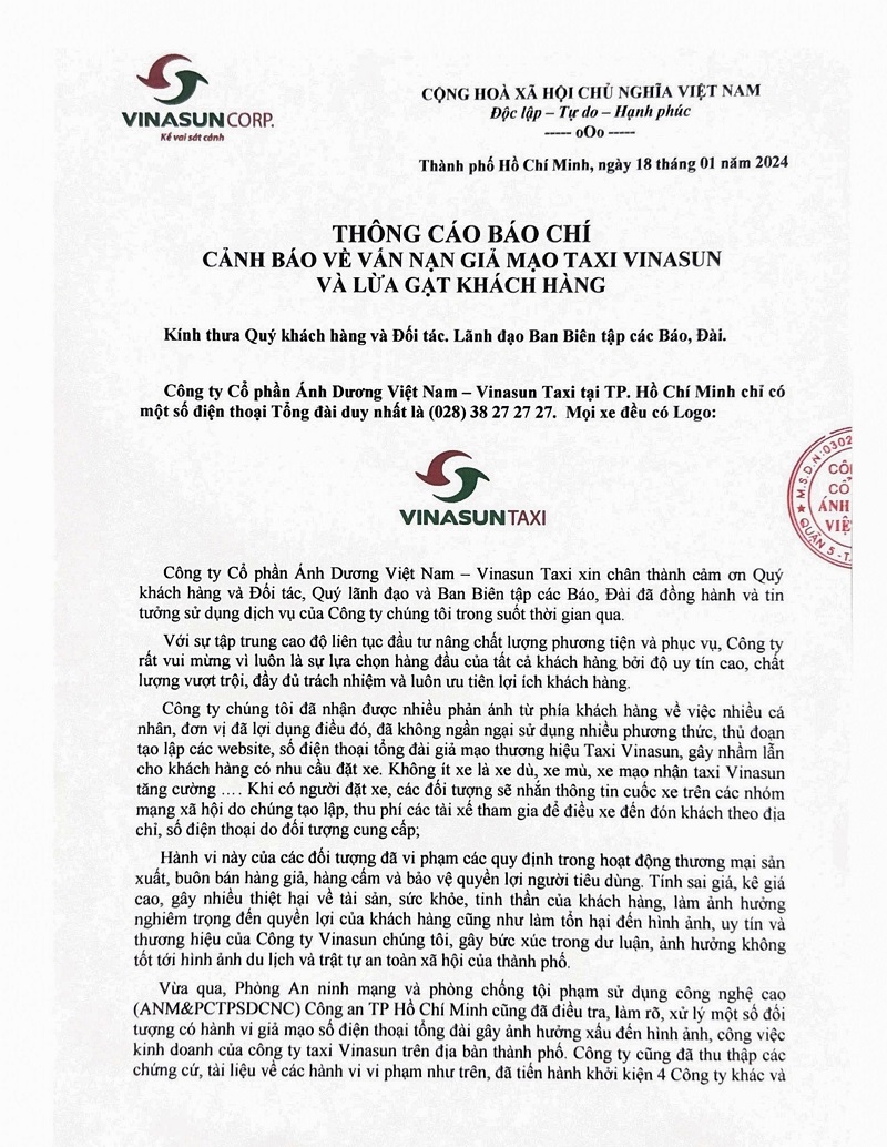 Thông cáo báo chí - Cảnh báo về vấn nạn giả mạo TAXI VINASUN và lừa dạt khách hàng